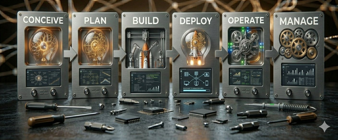 End-to-end AI adoption lifecycle: Conceive, Plan, Build, Deploy, Operate, Manage
